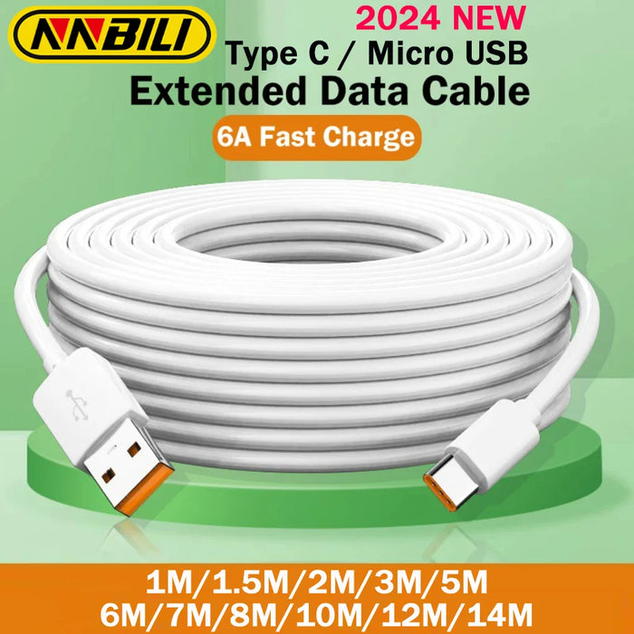 Extra Long USB-C / Micro USB Charging Cable – 6A Fast Charge, 1M–14M for Android, Xiaomi, Huawei, PS4/5